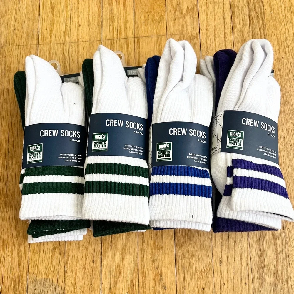 DSG Socks Crew 3PK (12 Total) Unisex Size Large White Stripe NEW